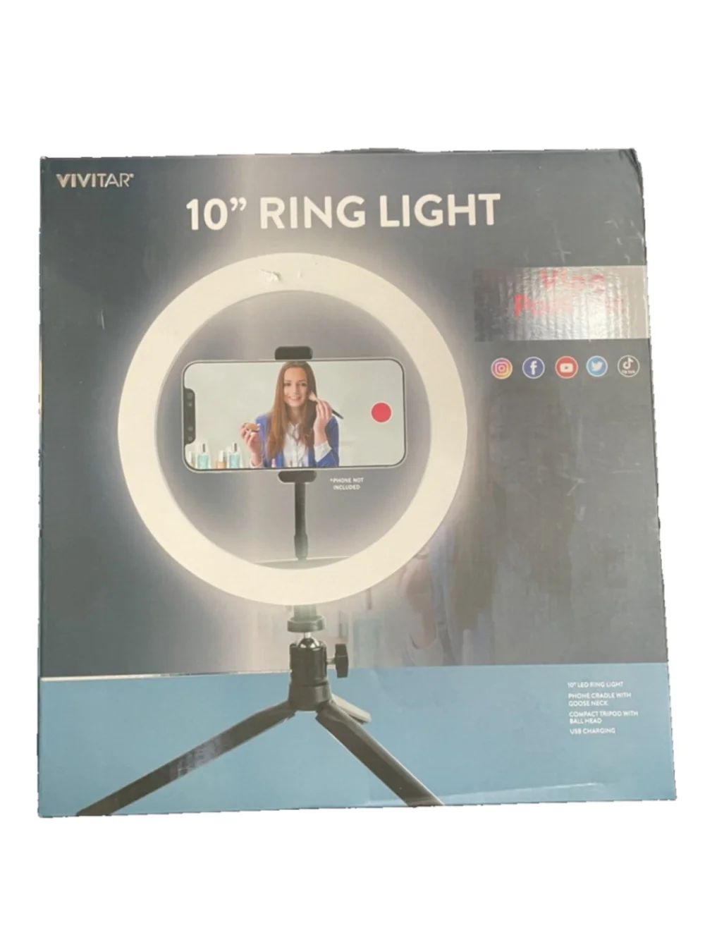 Vivitar 10” Ring Light (Vlog Podcast Essentials) NIB Phone Cradle w/Goose Neck